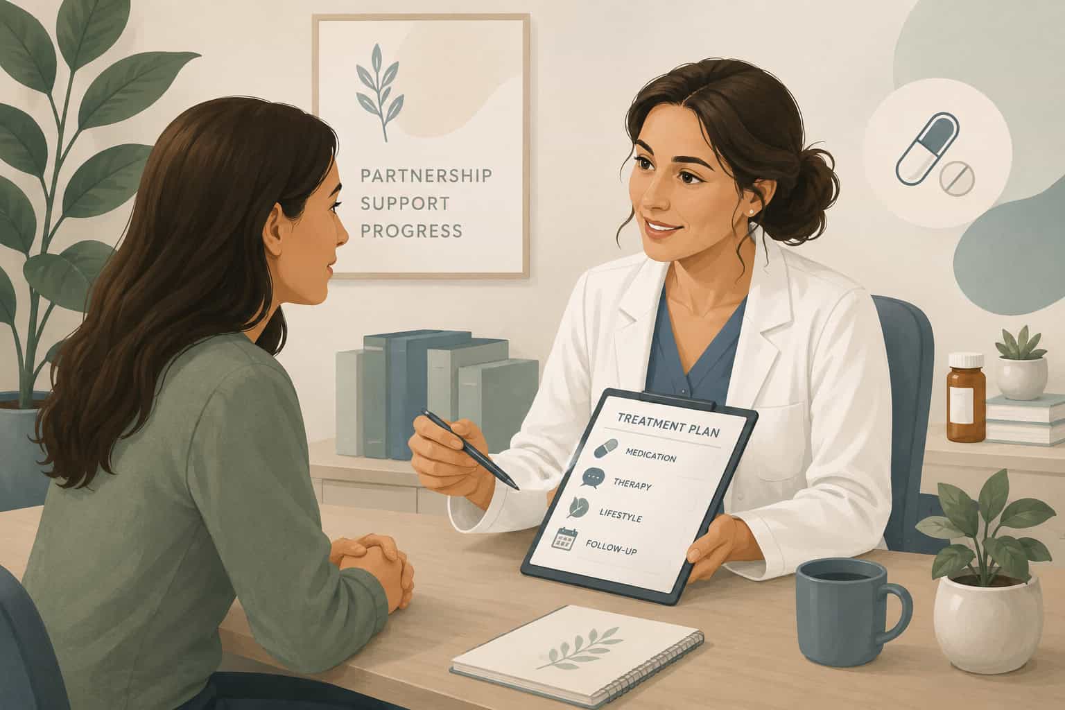 Psychiatric provider and patient discussing medication management and a personalized treatment plan