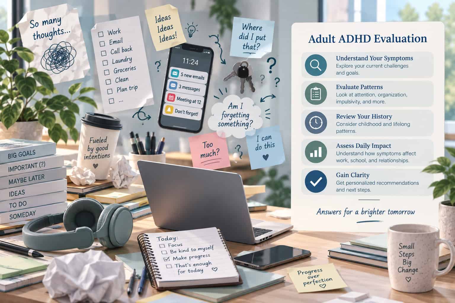 Illustration of an adult ADHD evaluation showing attention, organization, restlessness, developmental history, and daily functioning